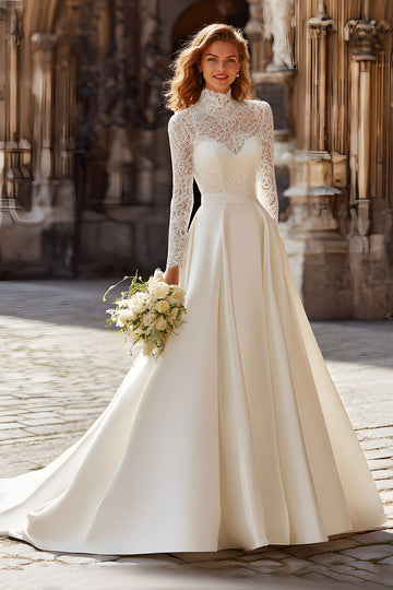 Modest A-Line Ivory High Neck Long Sleeve Wedding Dress